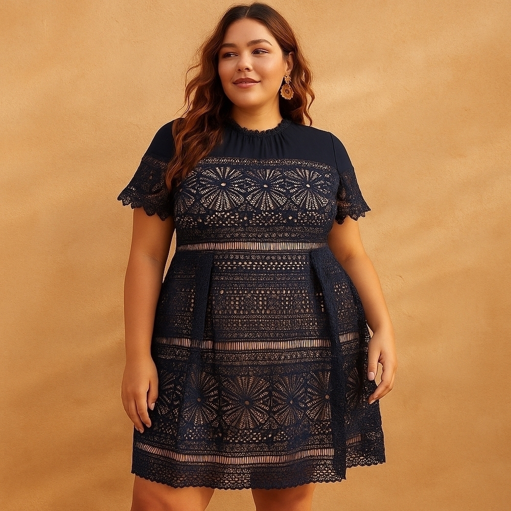 Suzanne Betro Navy Blue Lace Mock Neck Dress - 3X - NWT